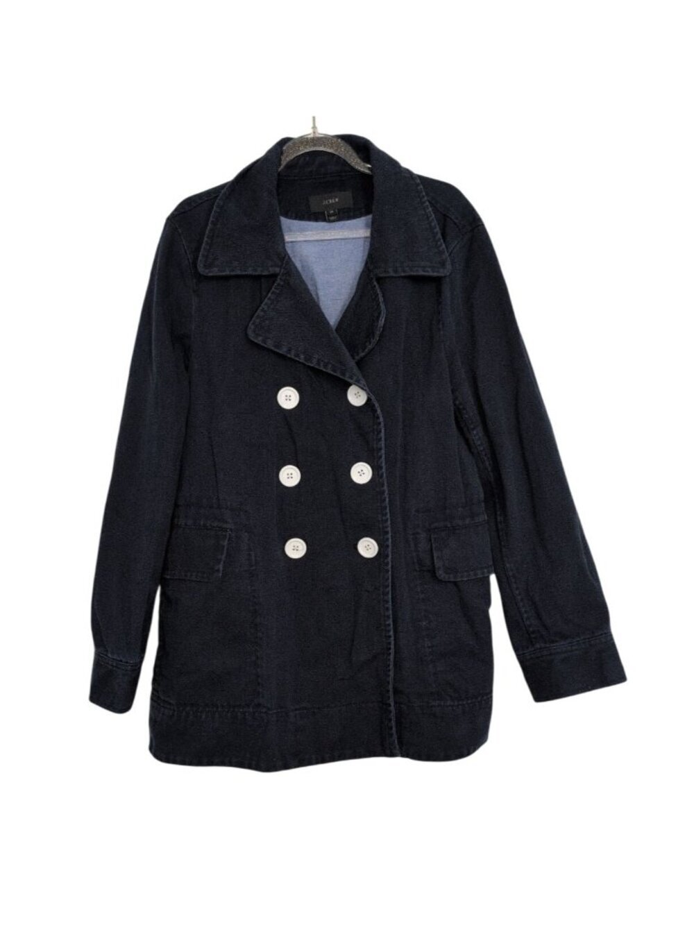 J Crew Canvas Twill Peacoat Womens Size 14 Navy Double Breasted Preppy Classic